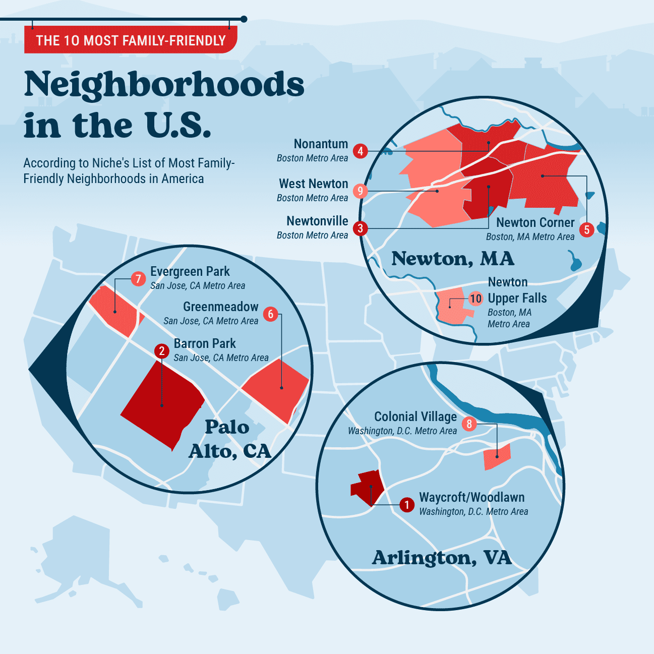  a U.S. map plotting the 10 most family-friendly neighborhoods in the U.S.