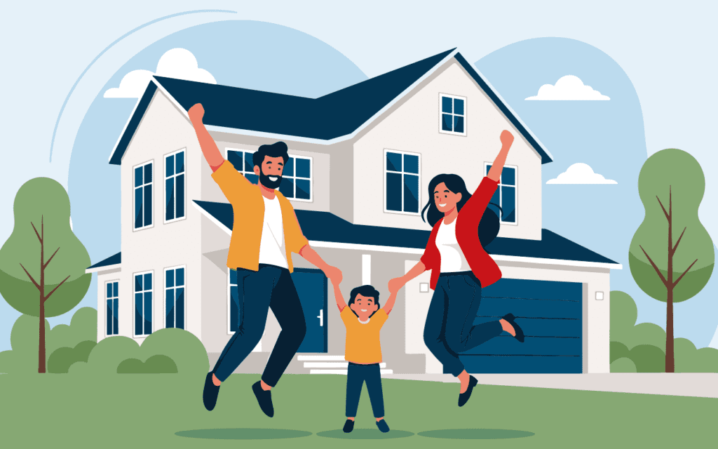 a title graphic showing a family jumping for joy in front of a house in a family-friendly neighborhood