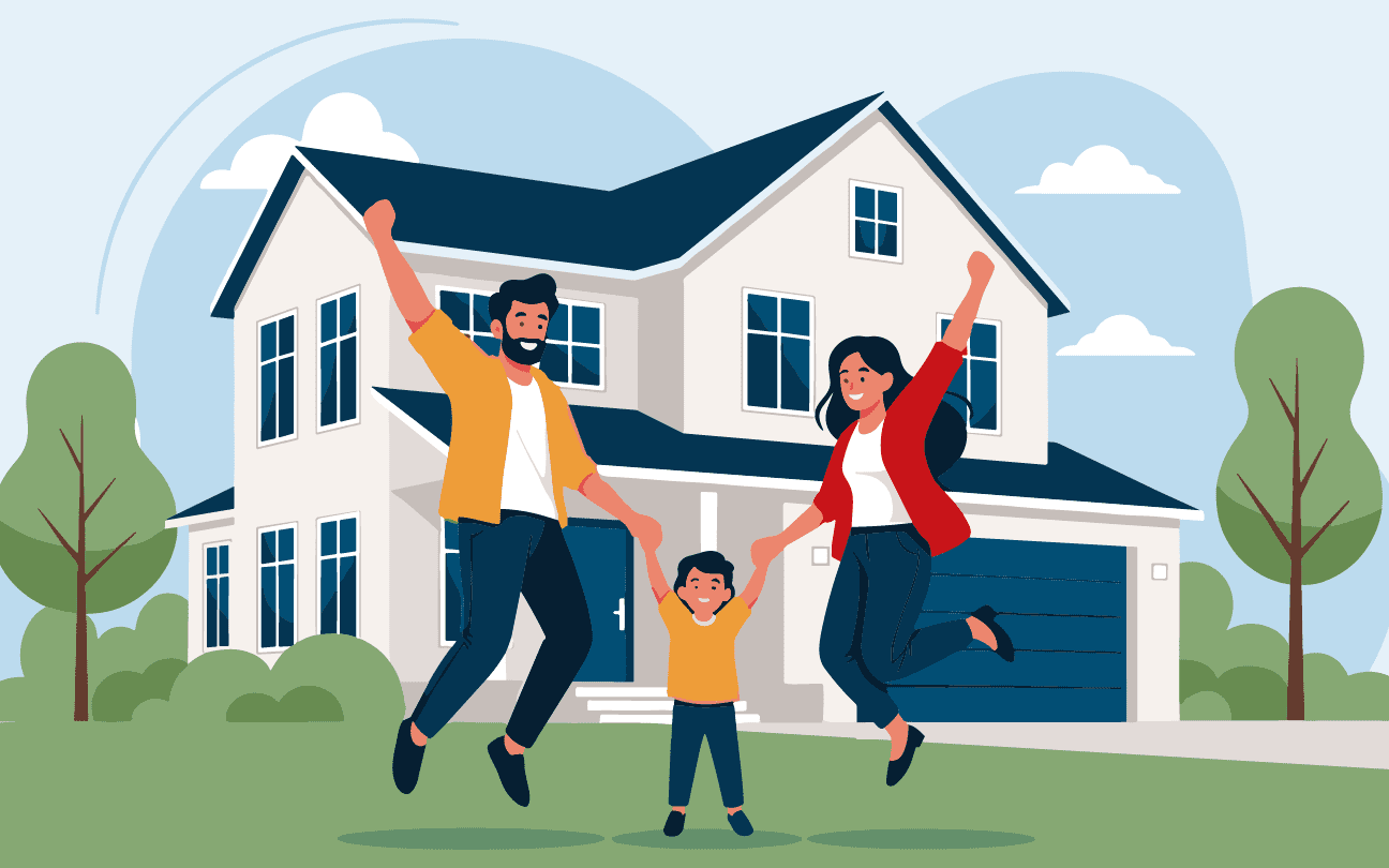 a title graphic showing a family jumping for joy in front of a house in a family-friendly neighborhood