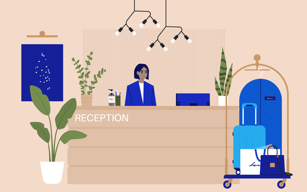 a hotel lobby scene with someone behind the reception desk and a luggage cart nearby